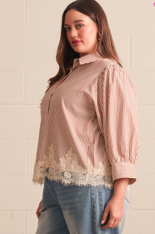 Curvy Striped Lace Trim Button Down Top