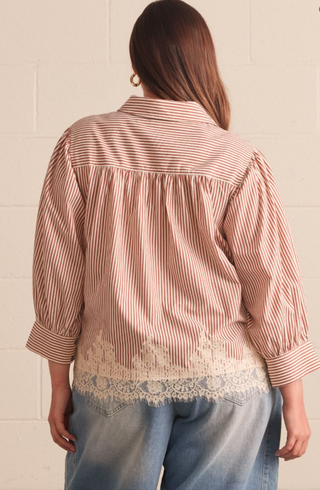 Curvy Striped Lace Trim Button Down Top