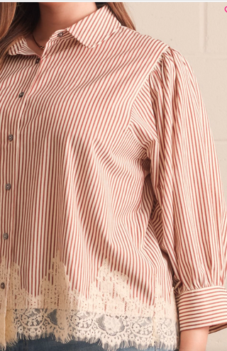 Curvy Striped Lace Trim Button Down Top