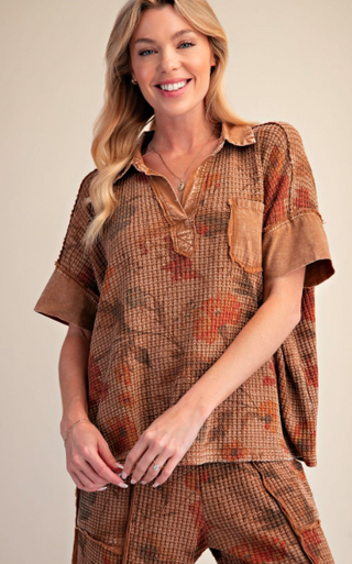 Mocha Floral Print Washed Waffle Knit Top
