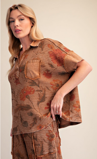 Mocha Floral Print Washed Waffle Knit Top