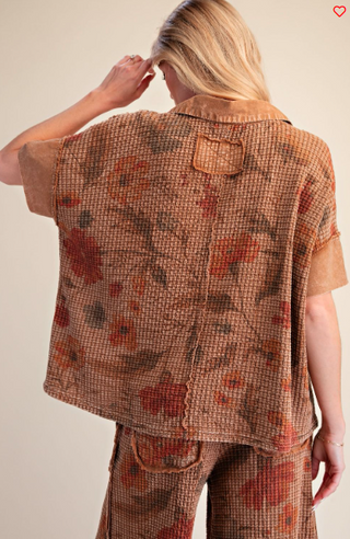 Mocha Floral Print Washed Waffle Knit Top