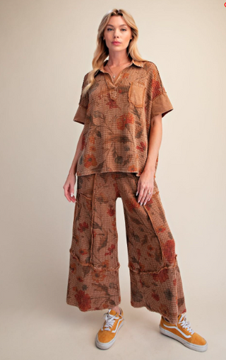 Mocha Floral Print Washed Waffle Knit Top