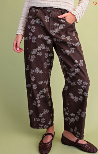 Espresso Floral Jacquard Washed Barrel Pants