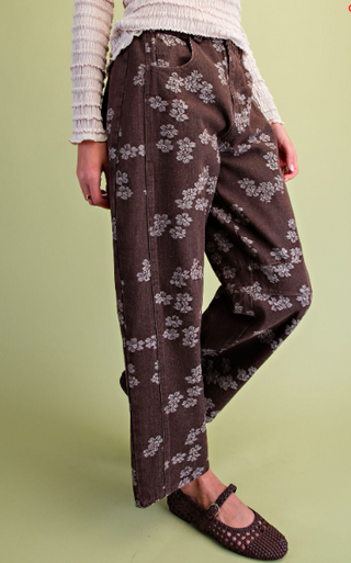 Espresso Floral Jacquard Washed Barrel Pants