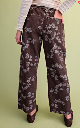Espresso Floral Jacquard Washed Barrel Pants