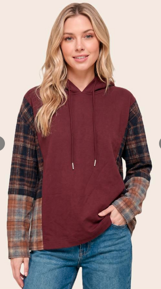 Plaid Insert Micro Brushed Hoodie Top
