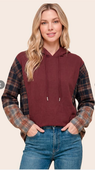 Plaid Insert Micro Brushed Hoodie Top