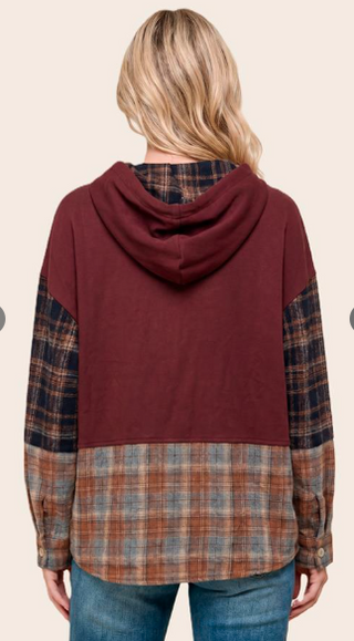 Plaid Insert Micro Brushed Hoodie Top