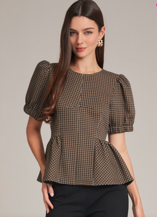 Gingham Puff Sleeve Peplum Knit Top