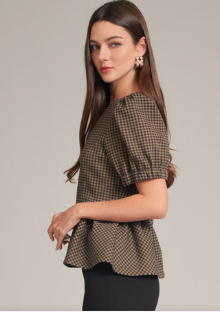 Gingham Puff Sleeve Peplum Knit Top