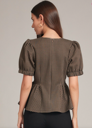 Gingham Puff Sleeve Peplum Knit Top