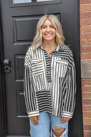 Sensational Black Striped Collared Top