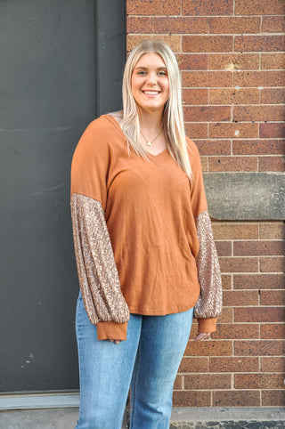 Sequin Sleeve V-Neck Blouse