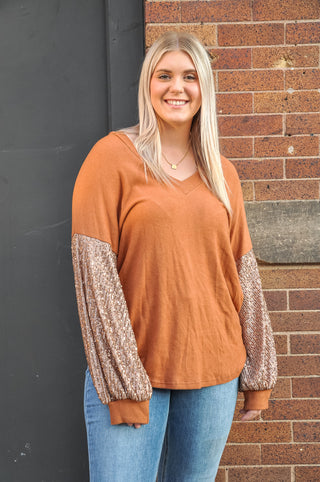 Sequin Sleeve V-Neck Blouse