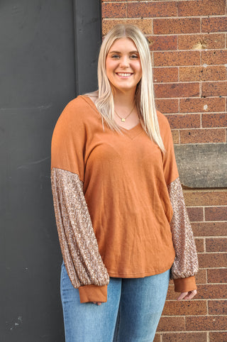 Sequin Sleeve V-Neck Blouse