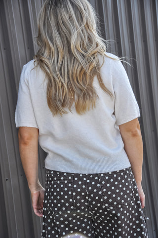 Short Sleeve Tie Neck Button Down Sweater