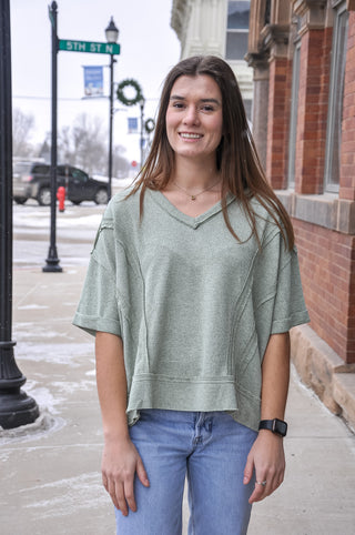 Short Sleeve V Neck Raw Edge Top