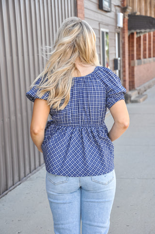 Short Sleeve Woven Checked Babydoll Top