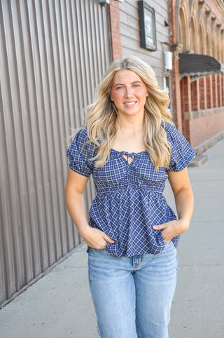 Short Sleeve Woven Checked Babydoll Top