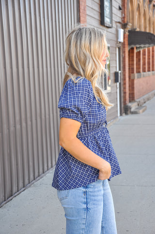 Short Sleeve Woven Checked Babydoll Top