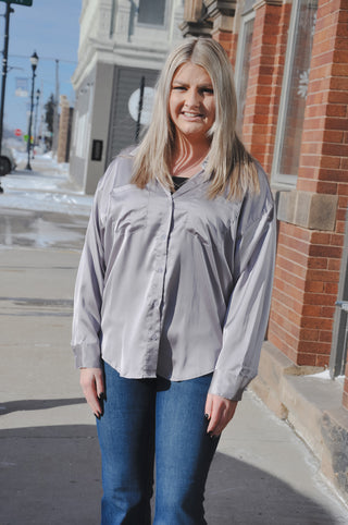 Silver Satin Button Down Top