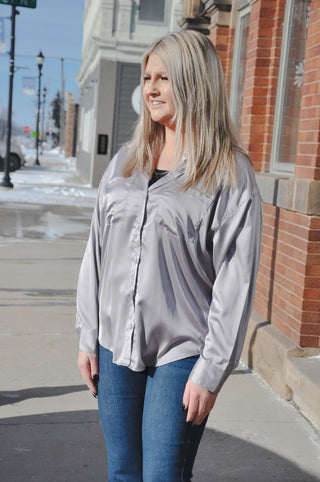 Silver Satin Button Down Top