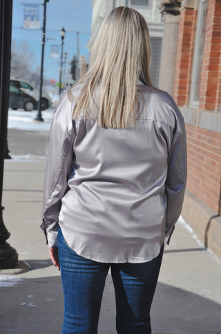 Silver Satin Button Down Top