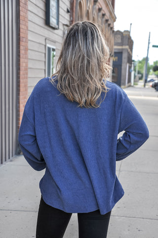 Slate Blue Pleated V-Neck Puckered Cord Knit Top