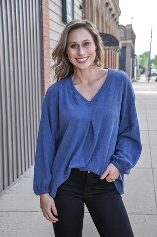 Slate Blue Pleated V-Neck Puckered Cord Knit Top