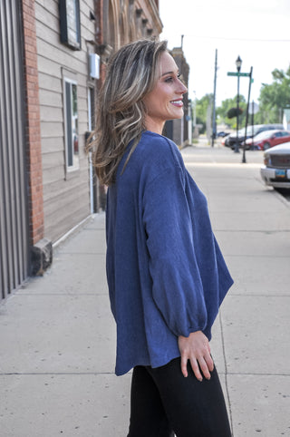 Slate Blue Pleated V-Neck Puckered Cord Knit Top