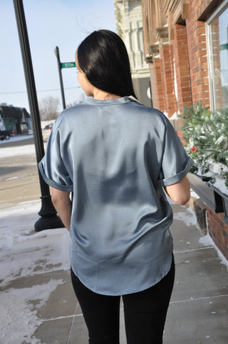 Slate V-Neck Placket Cuffs Sleeve Top