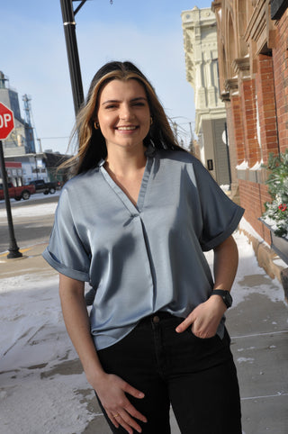 Slate V-Neck Placket Cuffs Sleeve Top