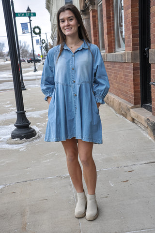 Overfit Button-Down Denim Shirt Dress