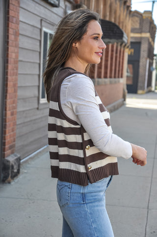 Sleeveless Stripe Sweater Top w/Side Gold Buttons