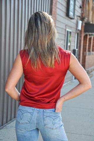Sleeveless Woven Satin Cowl Neck Top