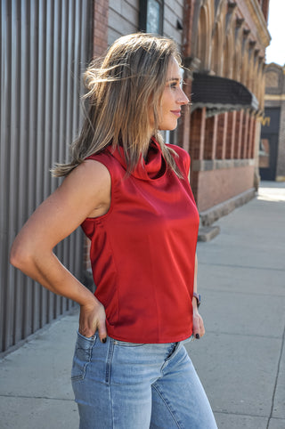 Sleeveless Woven Satin Cowl Neck Top