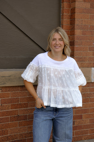 Slub and Eyelet Tiered Baby Doll Top