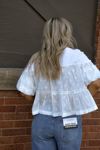 Slub and Eyelet Tiered Baby Doll Top