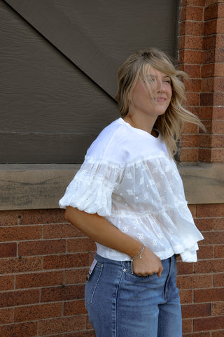 Slub and Eyelet Tiered Baby Doll Top
