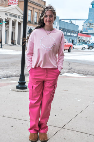 Smiley Stitched Cut Hem Crewneck