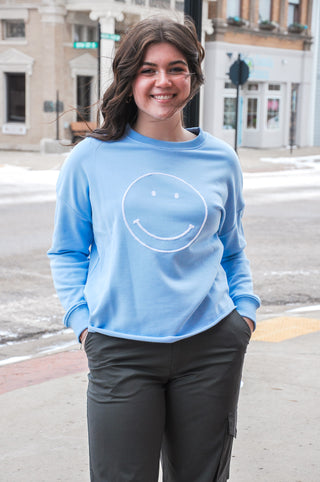 Smiley Stitched Cut Hem Crewneck