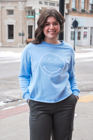 Smiley Stitched Cut Hem Crewneck