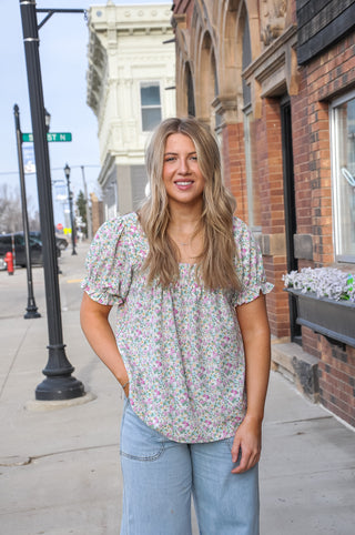 Smocked Floral Print SS Top