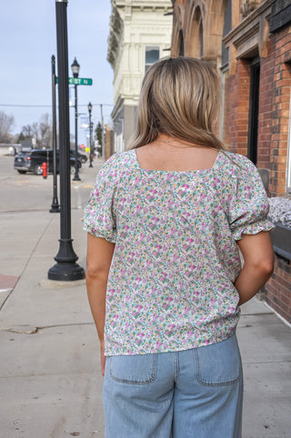 Smocked Floral Print SS Top