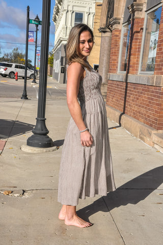 Smocked Gingham Tiered Sleeveless Midi Dress