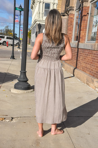 Smocked Gingham Tiered Sleeveless Midi Dress