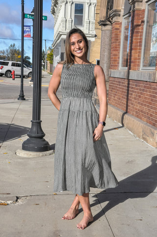 Smocked Gingham Tiered Sleeveless Midi Dress