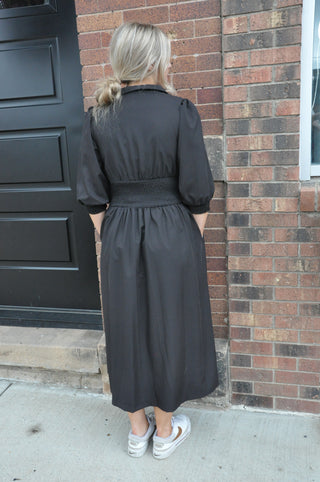 Smocked Waist Midi Dress w/Front Zip
