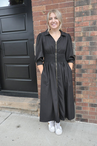 Smocked Waist Midi Dress w/Front Zip